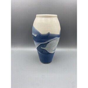 HAND THROWN STUDIO ART POTTERY VASE, BLUE, AND WHITE - TROPICAL CLAY, HAWAII